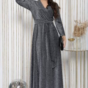 Kouzelně elegantní dlouhé třpytivé šaty s překládaným výstřihem a páskem 💃